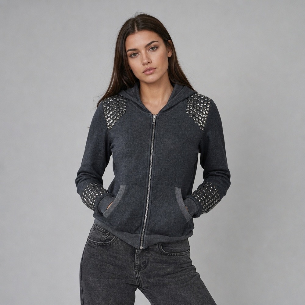 Miss Me Women's Zip-Up Hoodie Size L Gray Studded Regular Fit Hooded Casual